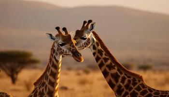 giraffa in piedi alto, guardare a telecamera nel africano natura selvaggia generato di ai foto