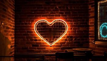 raggiante cuore forme illuminare buio mattone parete per romantico celebrazione generato di ai foto