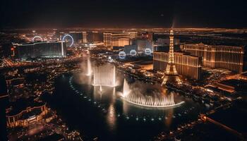 luminosa città luci illuminare famoso orizzonte, riflettendo su lungomare generato di ai foto