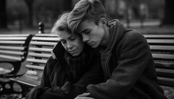 Due ragazzi seduta su panchina nel natura, tristezza e solidarieta generato di ai foto
