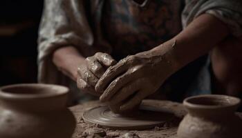 craftsperson svolta argilla su ceramica ruota, modanatura vaso con abilità generato di ai foto
