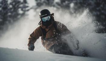 medio adulto snowboarder gare giù montagna nel inverno luce del sole generato di ai foto