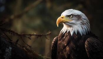 maestoso Calvo aquila perching su ramo, simbolo di americano orgoglio generato di ai foto