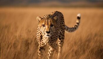 africano ghepardo a piedi su savana, fissando con vigilanza generato di ai foto