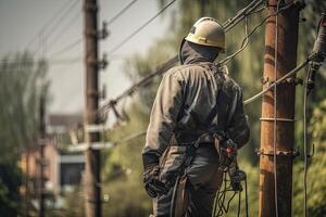 elettricista nel un' sicurezza imbracatura e casco in piedi su un' energia linea. un' utilità guardalinee indossare un' sicurezza casco posteriore Visualizza, ai generato foto