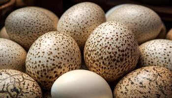 salutare mangiare fresco biologico macchiato animale uovo nel un' riga generato di ai foto