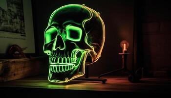 spaventoso Halloween tavolo decorazione con raggiante umano cranio centrotavola generato di ai foto