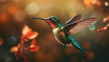 vivace colibrì si diffonde Ali, impollina fiore nel naturale bellezza generato di ai foto