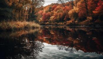 vivace autunno colori riflettere nel tranquillo stagno, natura selvaggia bellezza catturato generato di ai foto