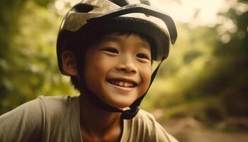 contento bambini giocando gli sport nel il foresta, spensierato e gioioso generato di ai foto