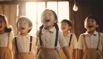 allegro scuola bambini nel uniforme in piedi all'aperto, godendo amicizia e apprendimento generato di ai foto