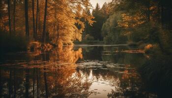 vivace autunno fogliame riflette nel tranquillo stagno a crepuscolo generato di ai foto