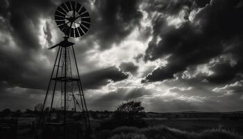 silhouette vento turbina genera alternativa energia nel lunatico tramonto paesaggio generato di ai foto