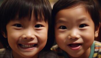 sorridente fratelli godere giocoso infanzia insieme, guardare a telecamera felicemente generato di ai foto