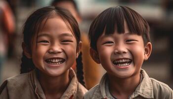 sorridente fratelli godere giocoso divertimento all'aperto con trentadue denti sorrisi generato di ai foto