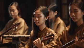 giovane donne praticante violino nel aula con selettivo messa a fuoco generato di ai foto