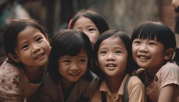 sorridente bambini di diverso etnie giocando e esplorando all'aperto insieme generato di ai foto