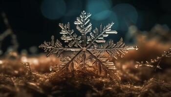 raggiante astratto fiocco di neve modello su buio inverno notte fondale generato di ai foto