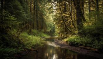 tranquillo scena di conifero alberi nel autunno natura selvaggia avventura generato di ai foto