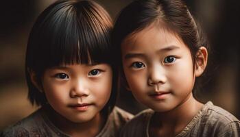 Due sorridente gemello ragazze e loro carino bambino fratello ritratto generato di ai foto