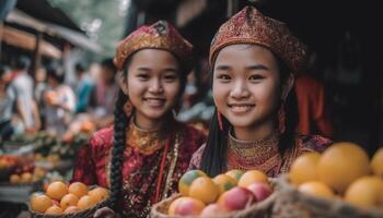 gioioso donne celebrare tradizionale Festival con Multi colorato frutta cestino decorazione generato di ai foto