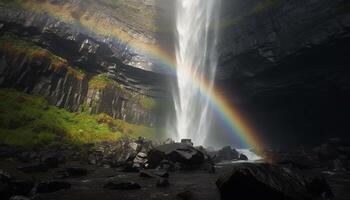 maestoso montagna gamma, fluente acqua, arcobaleno natura bellezza nel movimento generato di ai foto