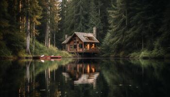tranquillo pesca vacanze nel rustico log cabina vicino montagna gamma generato di ai foto