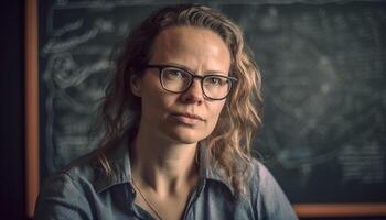 giovane adulto donna con Marrone capelli e occhiali studiando in casa generato di ai foto