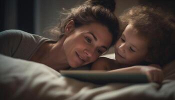 madre e figlio abbraccio, sorridente, lettura su digitale tavoletta in casa generato di ai foto