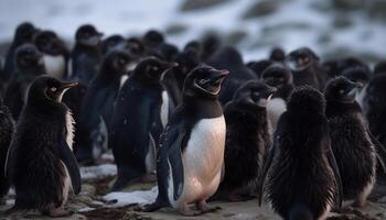 gentoo pinguini ondeggiante nel neve, colonia di volare uccelli in piedi generato di ai foto