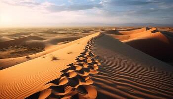 tranquillo tramonto al di sopra di maestoso sabbia dune nel a distanza Africa generato di ai foto
