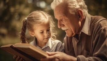 Multi generazione famiglia bonding all'aperto, lettura Bibbia, godendo estate giorno insieme generato di ai foto