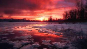 tranquillo inverno paesaggio tramonto, neve riflessione, orizzonte, crepuscolo generato di ai foto