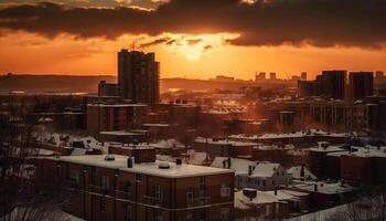 città orizzonte illuminato di tramonto, alto angolo Visualizza a partire dal tetto generato di ai foto