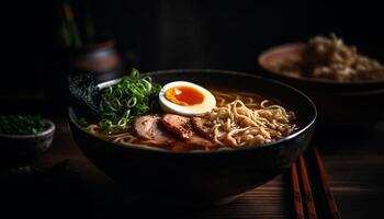 salutare pasto di Maiale ramen tagliatelle con verdura e Spezia generato di ai foto