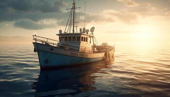 andare in barca nave riflette tranquillo tramonto su tranquillo, calmo nautico acque generato di ai foto