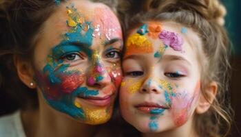 sorridente bambini dipingere colorato facce, festeggiare creatività e solidarieta generato di ai foto