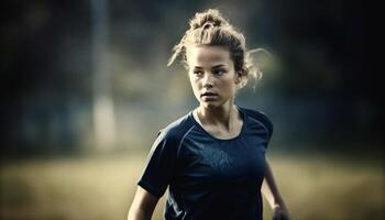 uno giovane adulto atleta jogging nel natura, guardare determinato e fiducioso generato di ai foto