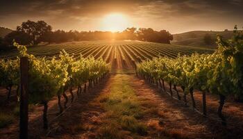 tramonto al di sopra di vigneto, maturo uva per vinificazione, biologico agricoltura generato di ai foto