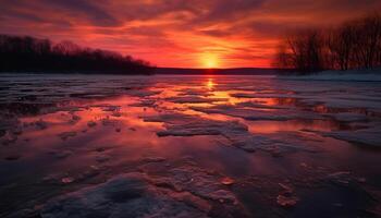 tramonto al di sopra di tranquillo inverno paesaggio, riflettendo bellezza nel natura generato di ai foto