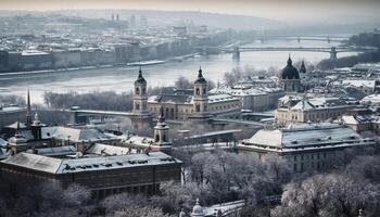 inverno paesaggio urbano con famoso religioso edifici e urbano orizzonte generato di ai foto