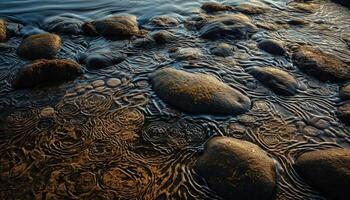 liscio ciottoli su bagnato sabbia, increspato di fluente acqua generato di ai foto