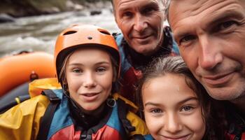 sorridente famiglia gode all'aperto avventura, bonding nel natura divertimento attività generato di ai foto