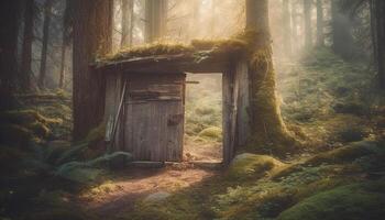 misterioso vecchio capanna nel abbandonato foresta, un' spaventoso avventura attende generato di ai foto