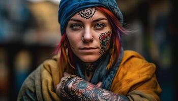 giovane adulto donna con tatuaggio trasuda fiducia nel città vita generato di ai foto