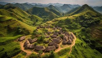 verde riso risaia crescita, terrazzato campi, montagna paesaggio, panoramico Visualizza generato di ai foto