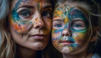 sorridente ragazze dipingere colorato facce, creatività e divertimento abbondare generato di ai foto