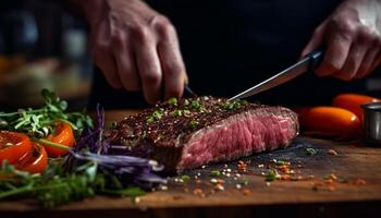 grigliato Manzo filetto con fresco verdura e erba preparazione generato di ai foto