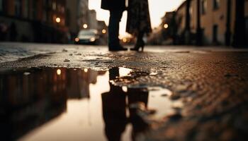 bagnato città strade riflettere sfocato movimento di a piedi pendolari a crepuscolo generato di ai foto