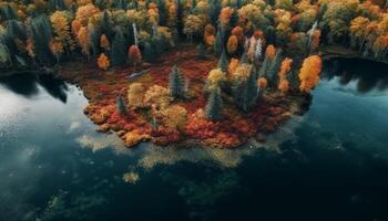 vivace autunno colori riflettere nel tranquillo stagno, natura selvaggia avventura attende generato di ai foto